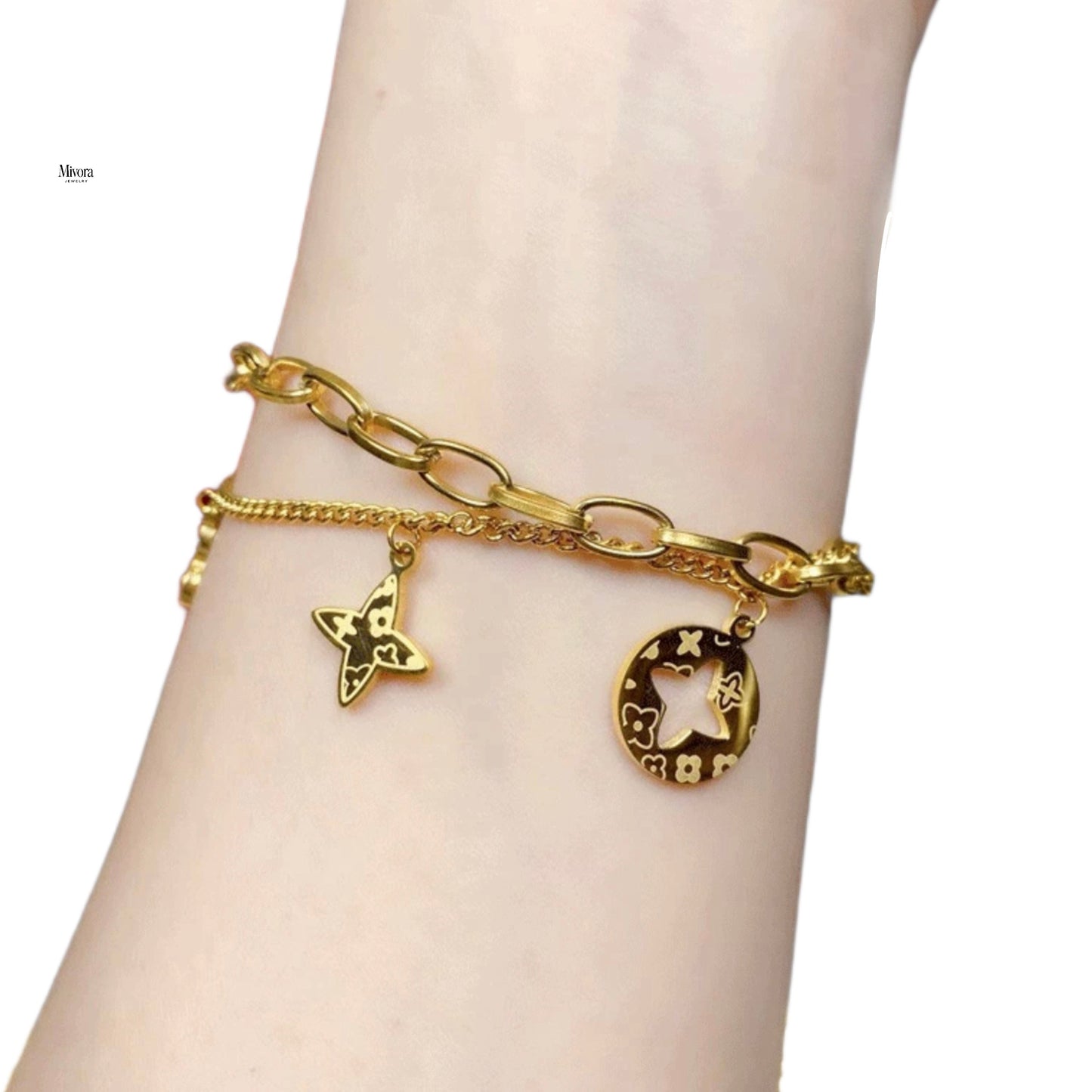 FOUR LEAF CLOVER CHARMS BRACELET - GOLD AND SILVER